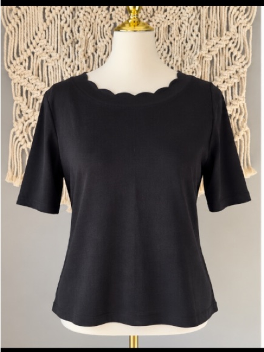 Talbots Black Scallop Neck Short Sleeve Top